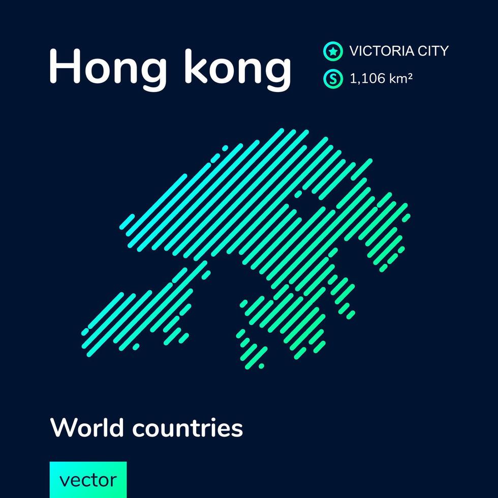 Vector creative digital neon flat line art abstrait carte simple de hong kong avec vert, menthe, texture rayée turquoise sur fond bleu foncé. bannière éducative, affiche sur hong kong