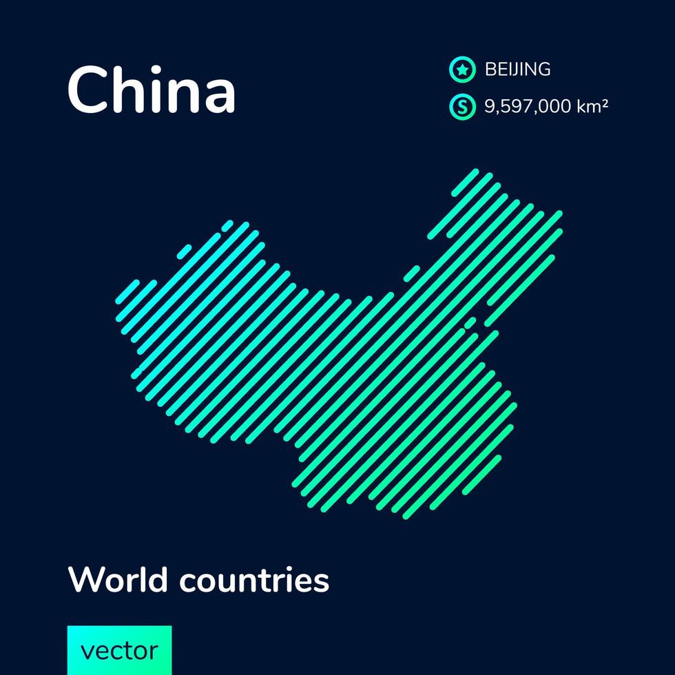 vecteur créatif numérique néon ligne plate art abstrait simple carte de chine avec vert, menthe, texture rayée turquoise sur fond bleu foncé. bannière éducative, affiche sur la Chine