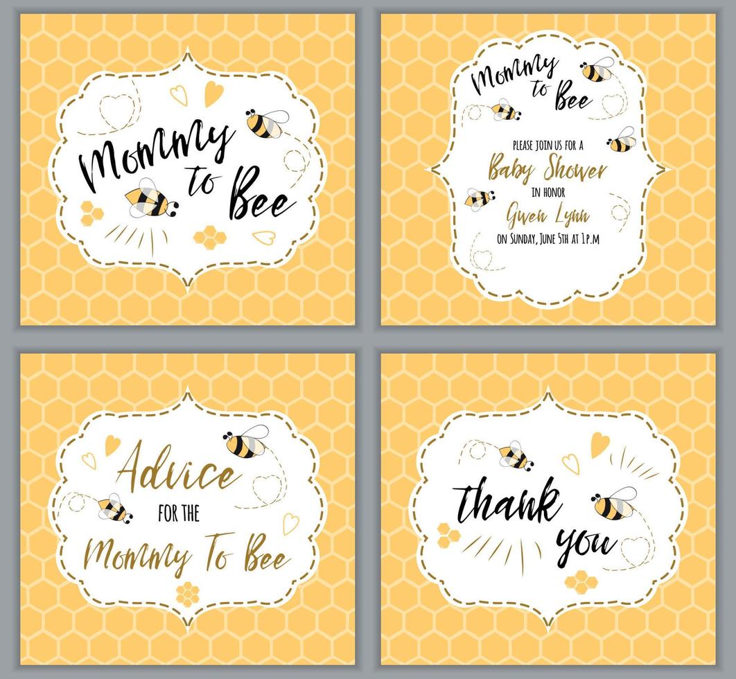 baby shower bee set mignon modèle d'invitation texte maman à abeille, miel. conception de cartes mignonnes pour filles garçons avec des abeilles. bannière pour la fête des mères, félicitations pour l'illustration vectorielle de fond en nid d'abeille. vecteur