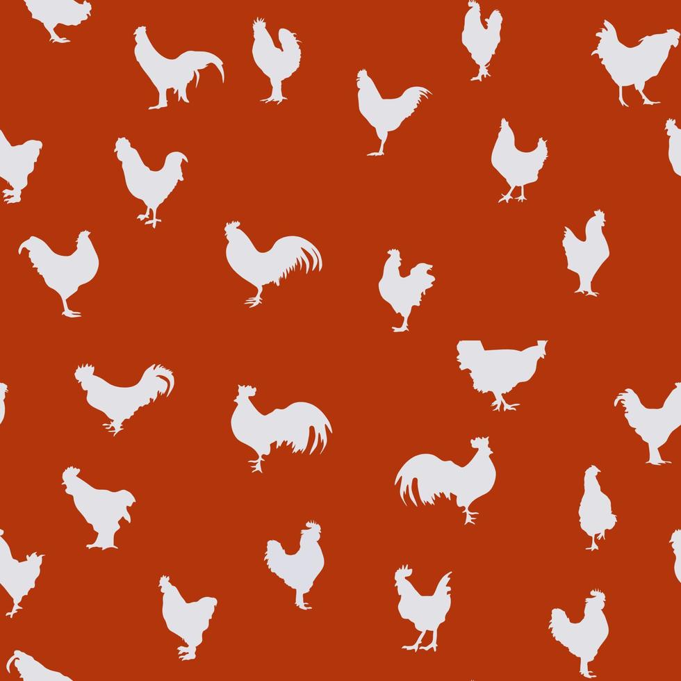 modèle sans couture avec des poulets aux couleurs blanches et rouges. ensemble d'oiseaux. poule, coq, poulets. sans couture dans le style de croquis avec des animaux de ferme sur fond rouge. pour tissu, textile, emballages cadeaux, pâques. vecteur