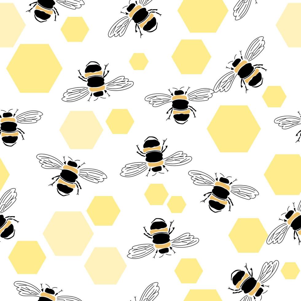 modèle sans couture de vecteur d'une abeille, un nid d'abeilles. illustration de dessin animé simple sur fond blanc. modèle sans couture avec des abeilles. illustration vectorielle de dessin à la main.