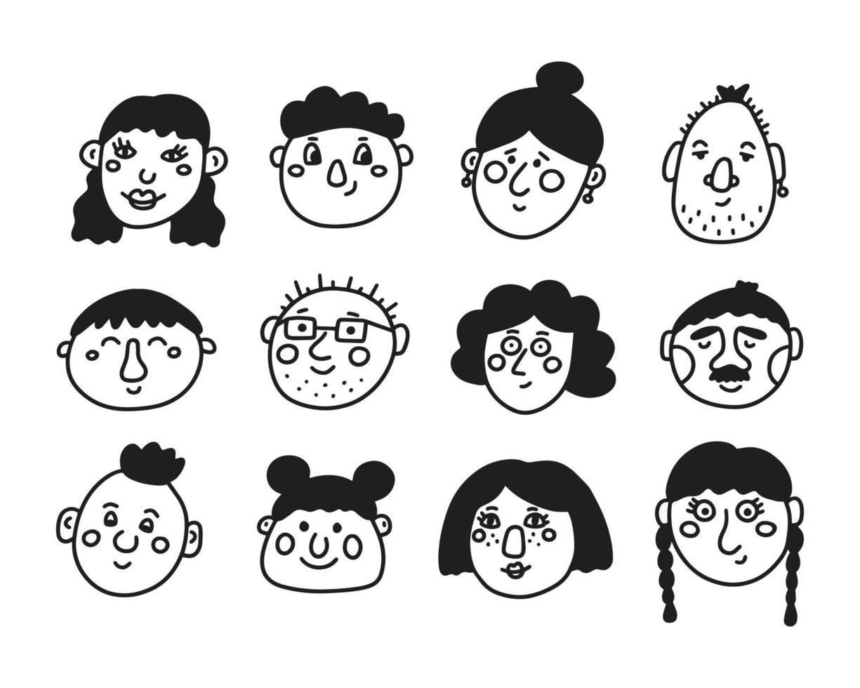 ensemble vectoriel de visages de personnages dans un style doodle, illustration sur fond blanc