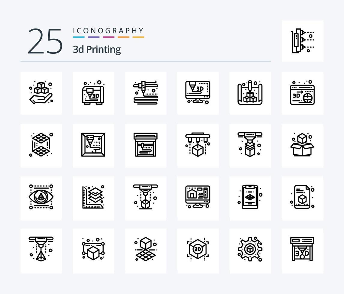 Pack d'icônes d'impression 3d de 25 lignes comprenant un globe. la toile. imprimante. 3d. imprimer vecteur
