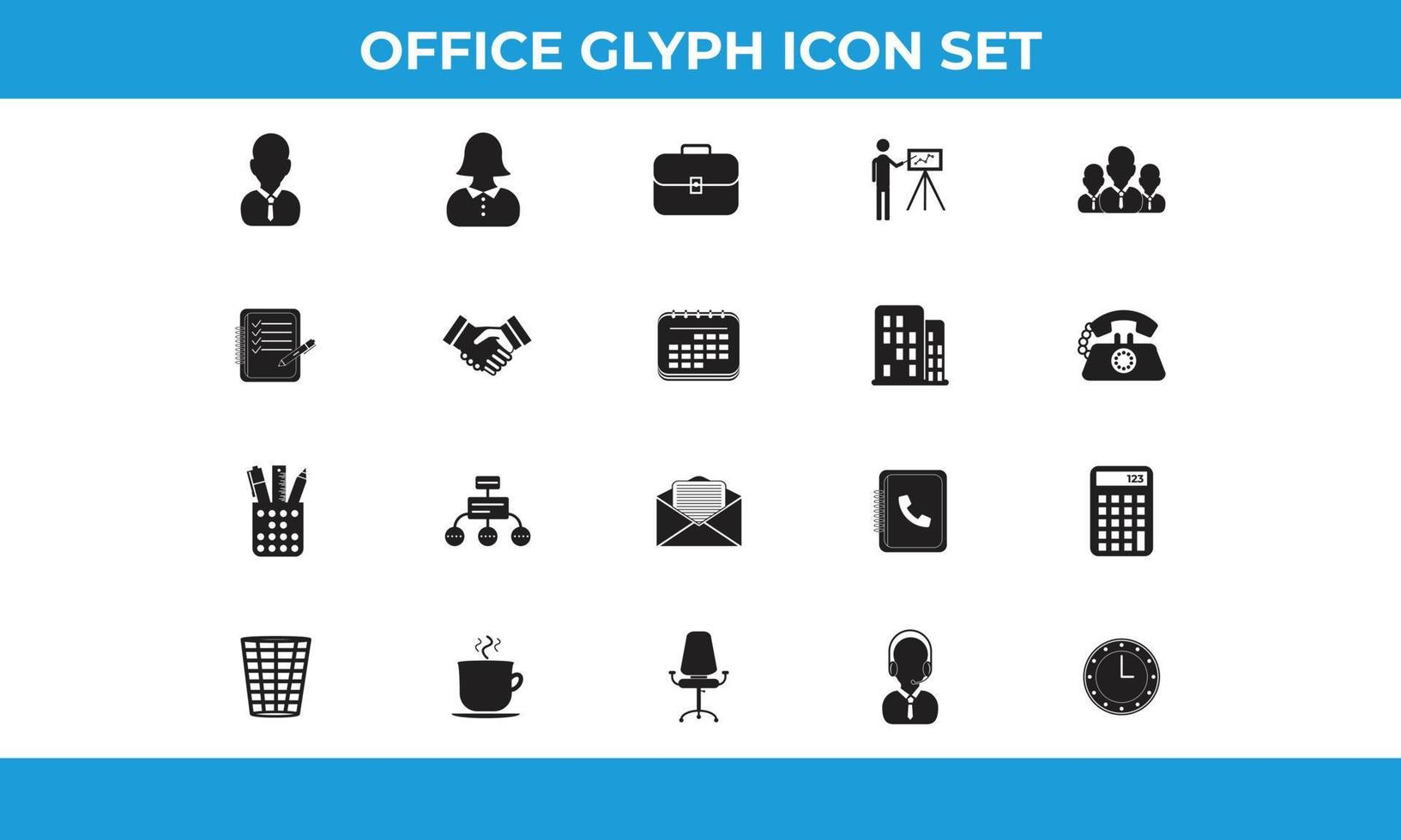 collections vectorielles d'icônes de glyphes d'affaires et de bureau. ensemble de 20 icônes de bureau idéales pour les présentations, la conception Web, les applications Web, les applications mobiles ou tout type de projets de conception. vecteur