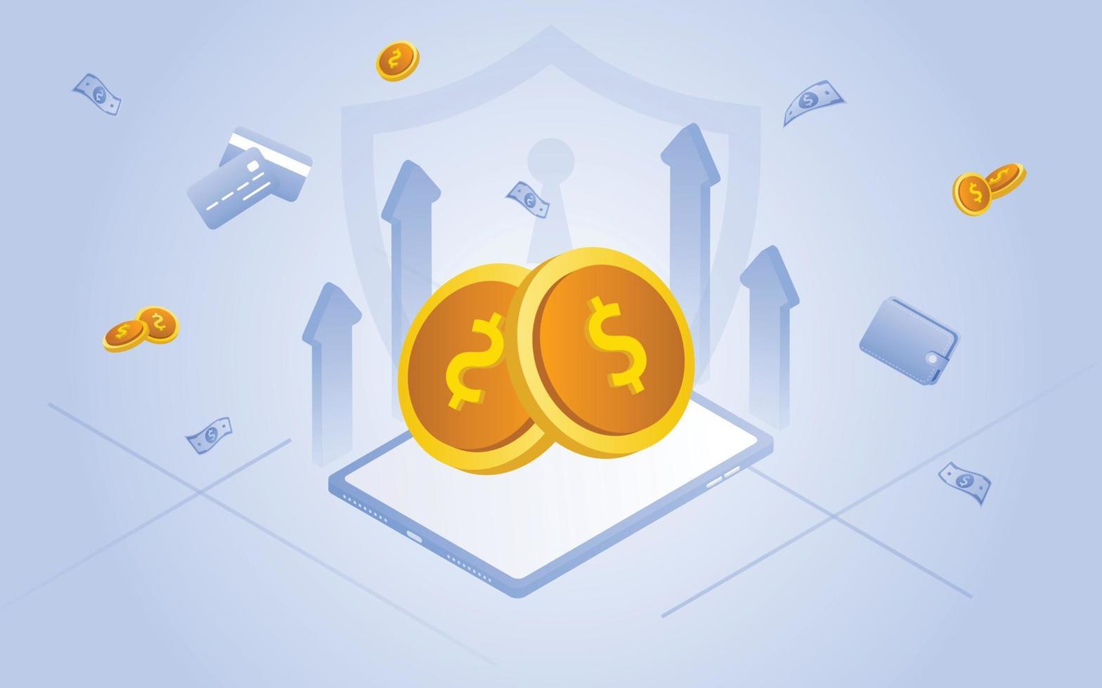 concept de gestion financière et investissement, conception plate de paiement et de financement avec argent, espèces, billets de banque, calculatrice et carte de crédit. illustration vectorielle et modèle de bannière. vecteur