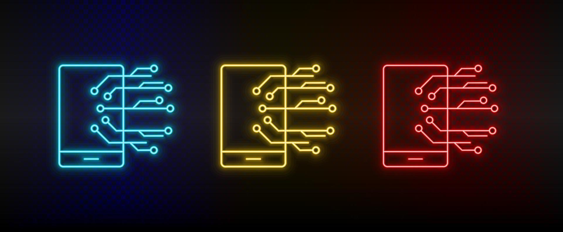 icônes au néon. mobile intelligent. ensemble d'icônes vectorielles néon rouge, bleu, jaune sur fond sombre vecteur