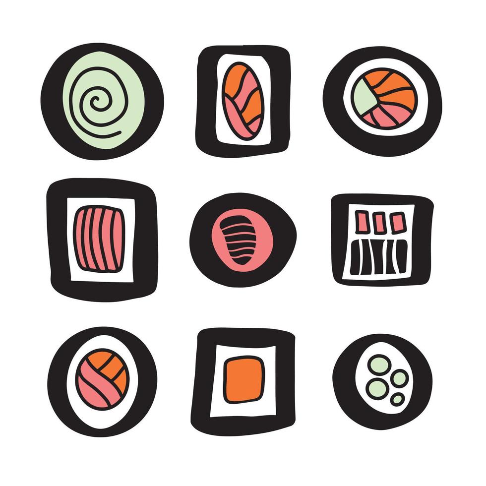 ensemble d'icônes de doodle de sushi géométriques abstraites dessinées à la main. différents rouleaux stylisés. dessin de ligne de contour de la nourriture asiatique, collection limitée d'art de clip de palette vecteur