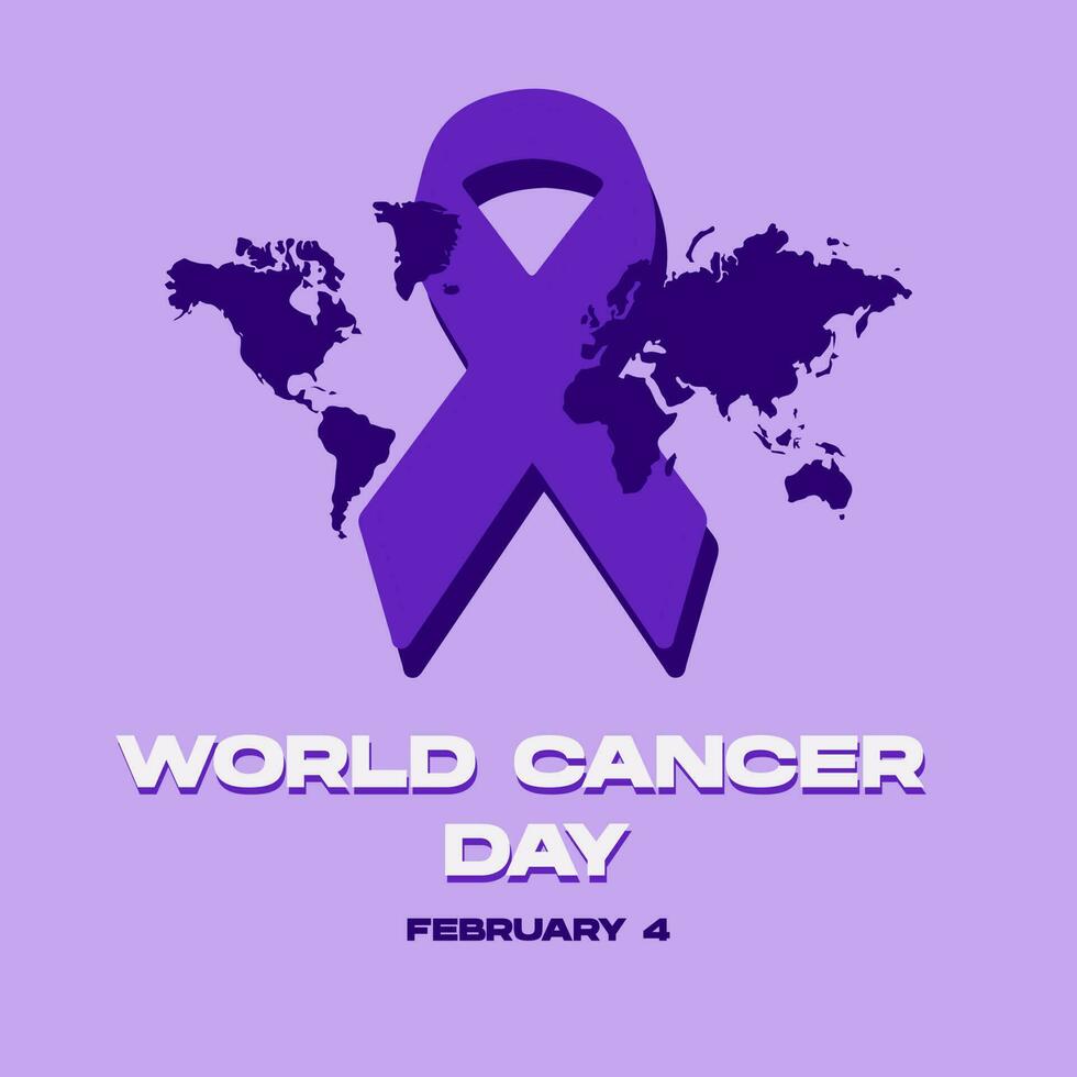 affiche de la journée mondiale du cancer avec ruban et carte du monde fond violet. illustration vectorielle vecteur