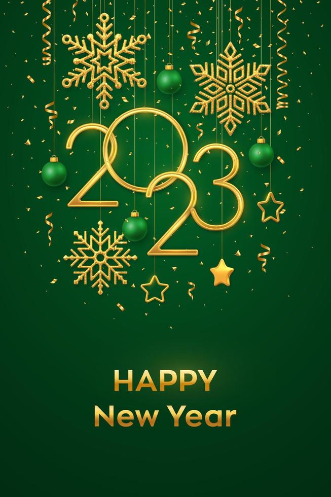 bonne année 2023. numéros métalliques dorés suspendus 2023 avec des flocons de neige brillants, des étoiles métalliques 3d, des boules et des confettis sur fond vert. carte de voeux ou modèle de bannière de nouvel an. vecteur. vecteur