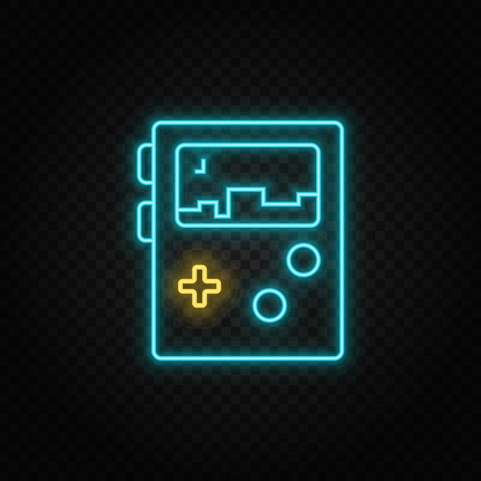 console portable, jeu, icône néon rétro. icône de vecteur néon bleu et jaune. fond transparent de vecteur