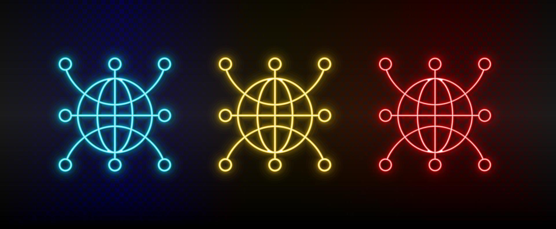 icônes au néon. monde du réseau mondial web. ensemble d'icônes vectorielles néon rouge, bleu, jaune sur fond sombre vecteur