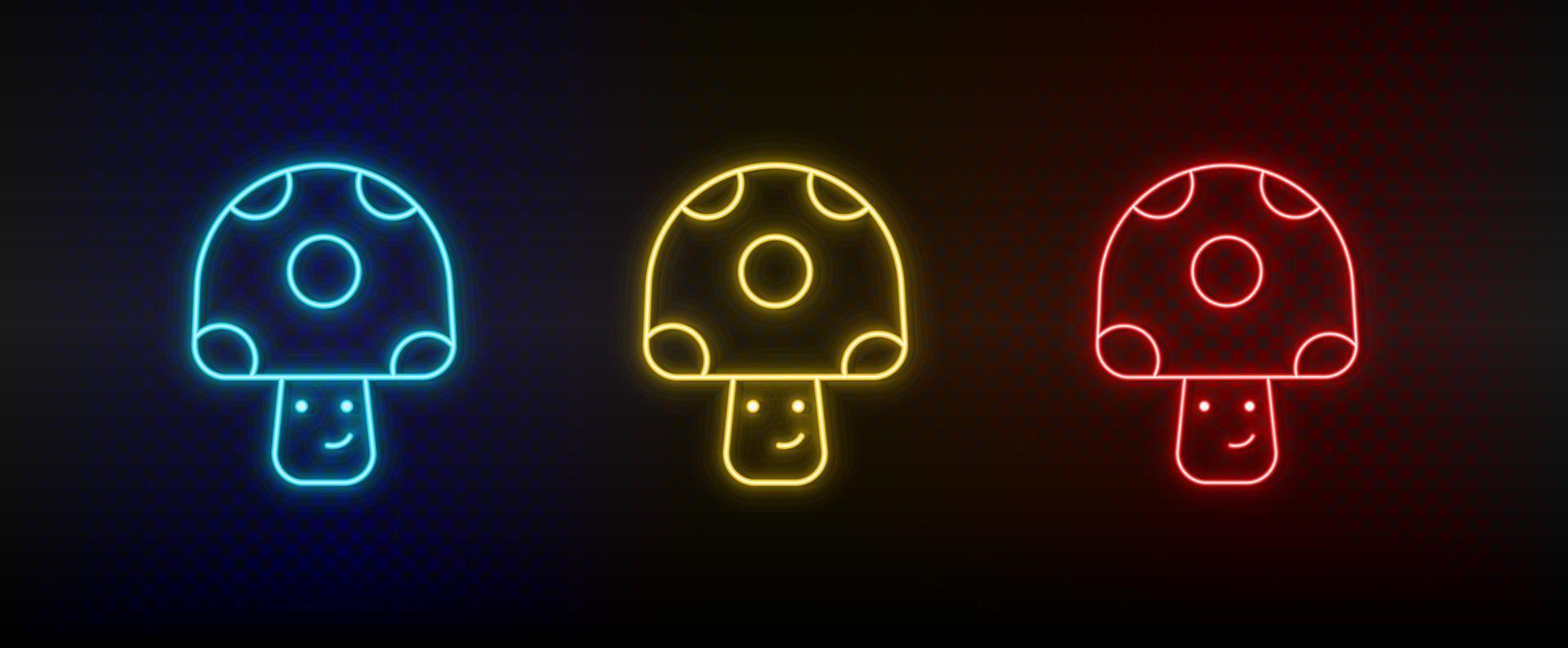 icônes au néon. arcade rétro champignon de jeu vidéo. ensemble d'icônes vectorielles néon rouge, bleu, jaune sur fond sombre vecteur
