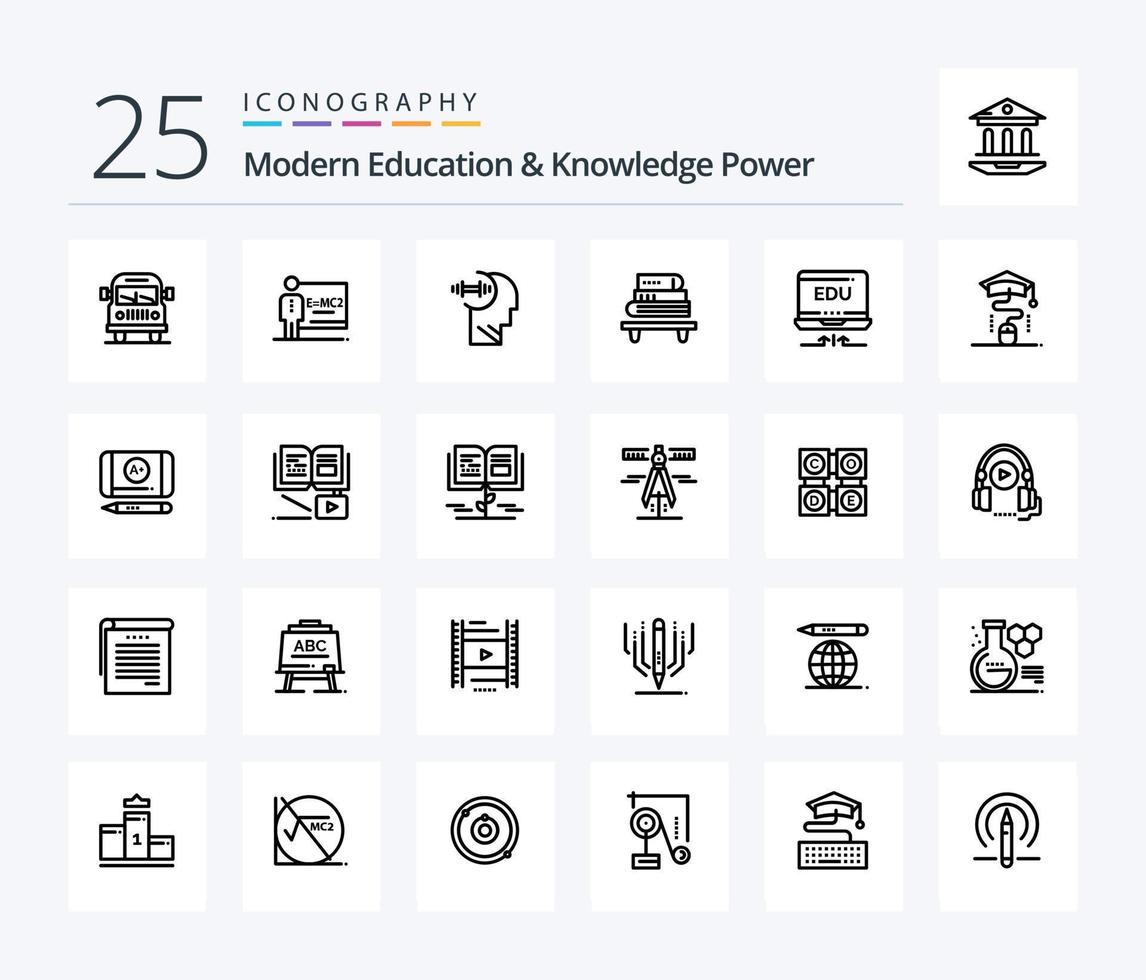 pack d'icônes de 25 lignes d'éducation et de connaissances modernes, y compris le matériel. livres. entraînement. éducation. Puissance vecteur