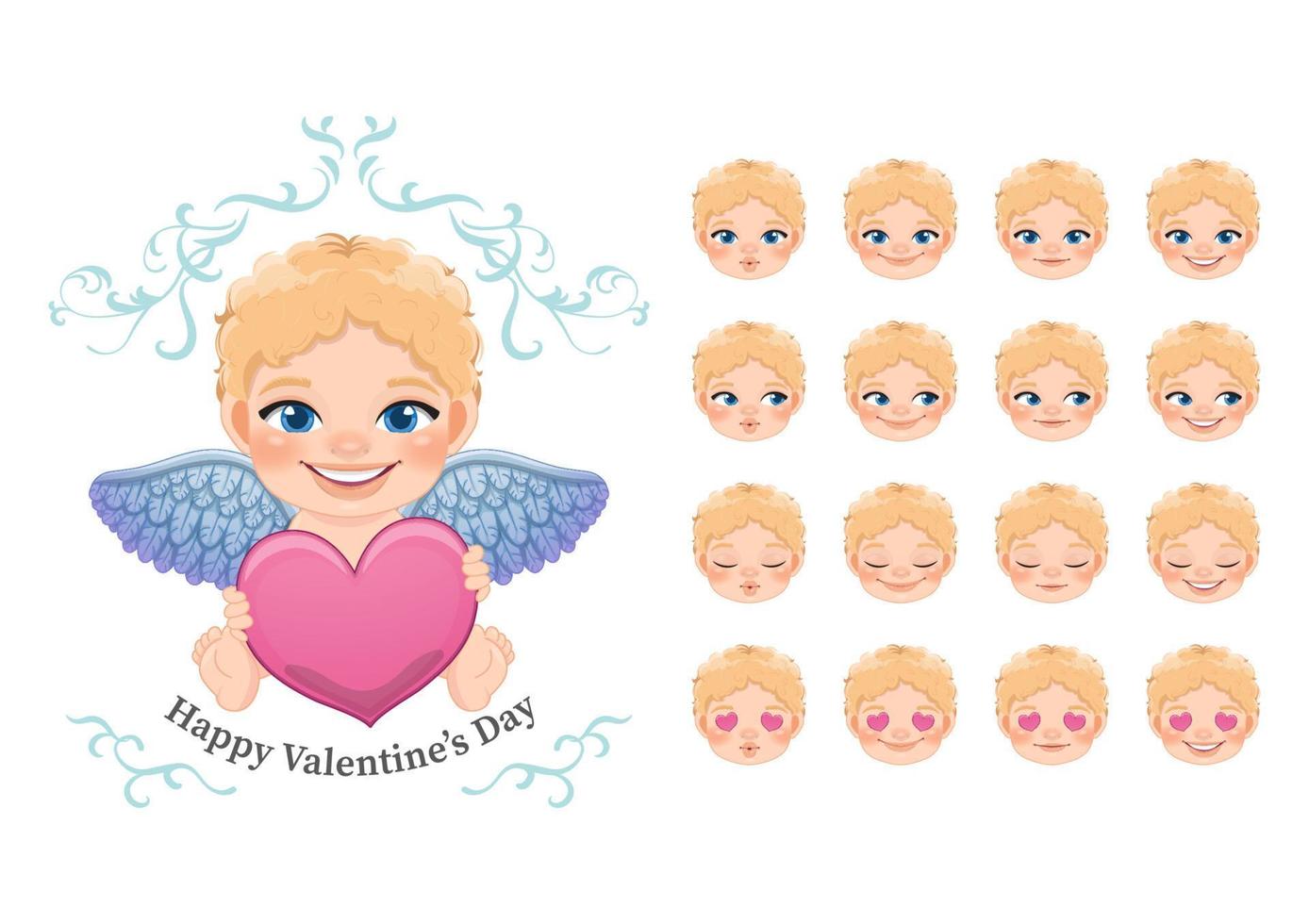 modèle de carte de saint valentin avec cupidon dessin animé mignon tenant coeur et collection de visages dans différentes ambiances vecteur de personnage de dessin animé