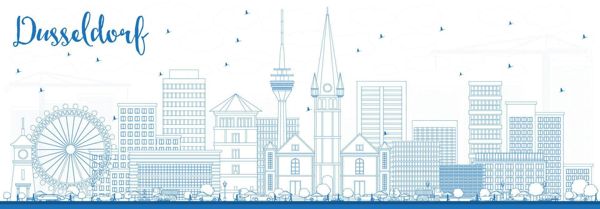 Décrire l'horizon de Düsseldorf avec des bâtiments bleus. vecteur