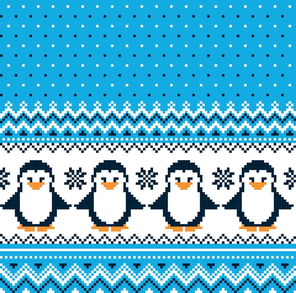 pixel de motif de noël du nouvel an avec illustration vectorielle de pingouins vecteur