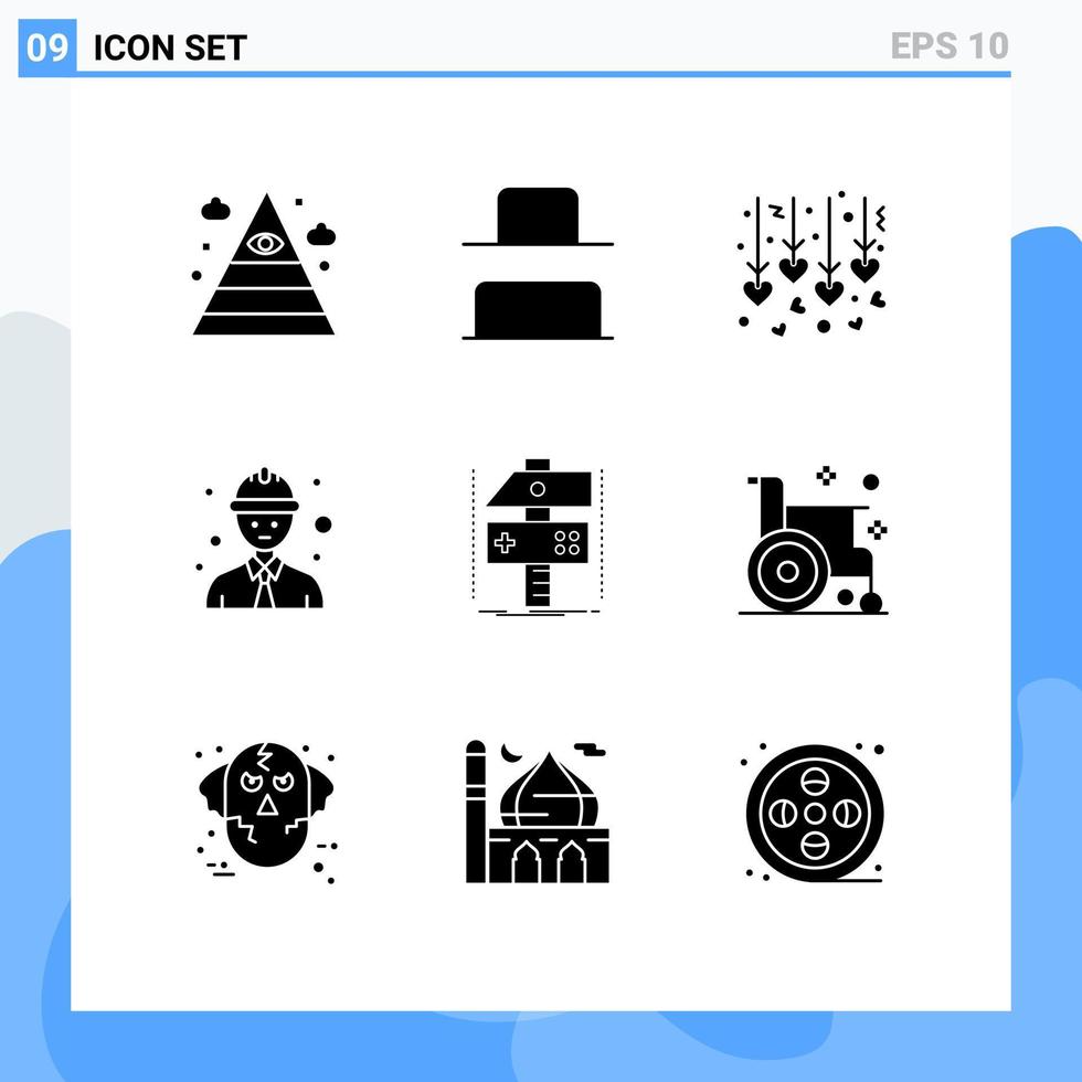 9 glyphes solides vectoriels thématiques et symboles modifiables du jeu développent des éléments de conception vectoriels modifiables pour les artisans du cœur vecteur