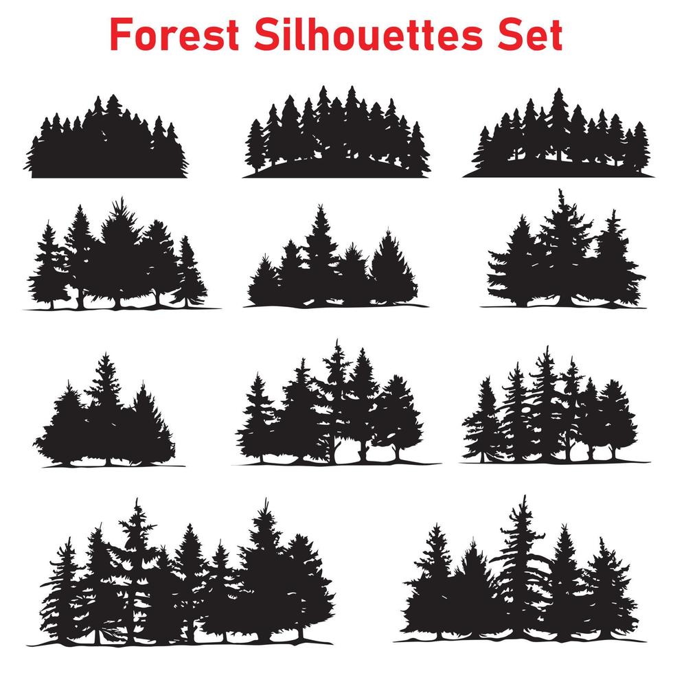 ensemble de silhouettes de forêt de pins, ensemble de forêt de silhouette de pin, ensemble de pins. vecteur