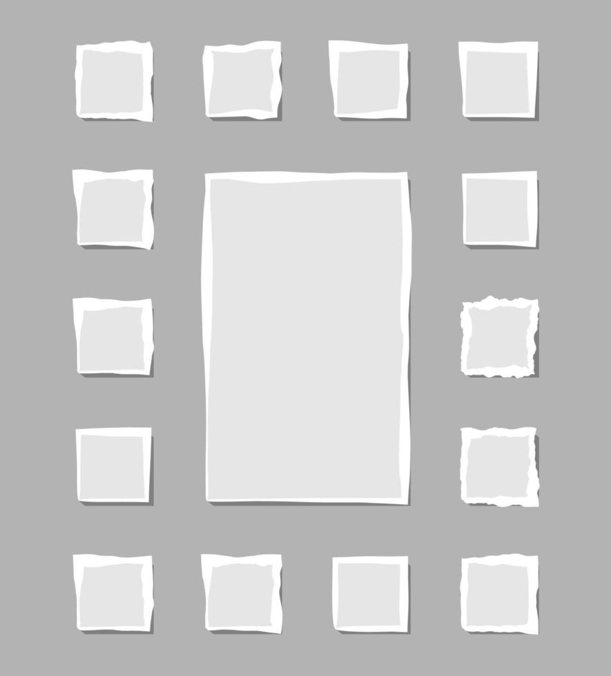 ensemble de note blanche déchirée. morceaux de papier déchiré de différentes formes isolés sur fond gris. illustration vectorielle. vecteur