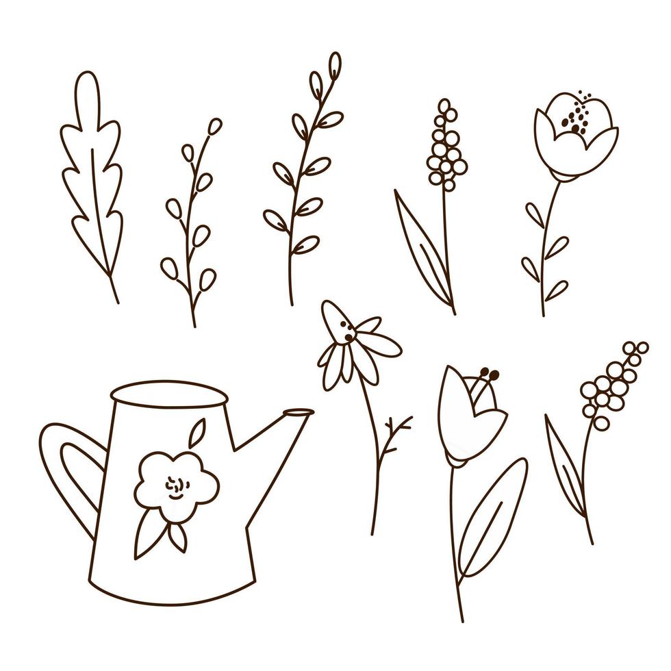 ensemble de fleurs de jardin de dessin animé de doodle, de feuilles et de dessin d'arrosoir. contour illustration vectorielle noir et blanc, vecteur