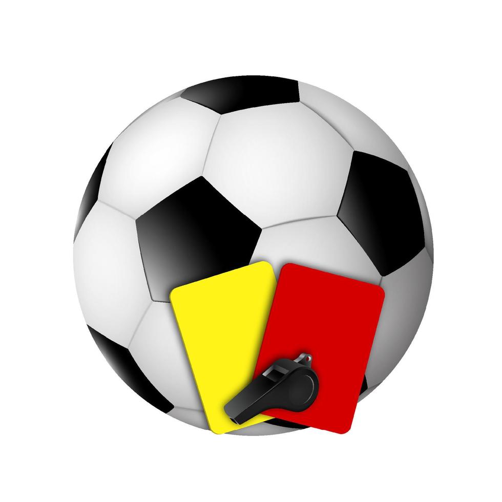 ballon de football, sifflet d'arbitre, cartons jaunes et rouges. jeu d'équipe sportive de football classique. respect des règles du jeu. mode de vie sain. vecteur réaliste