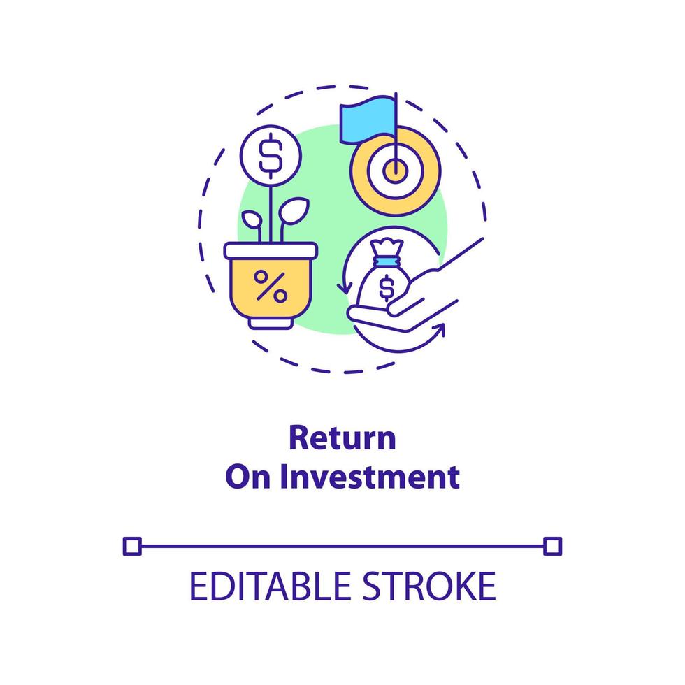 icône de concept de retour sur investissement. affaire commerciale rentable. illustration de la ligne mince de l'idée abstraite du succès financier. dessin de contour isolé. trait modifiable. arial, myriade de polices pro-gras utilisées vecteur
