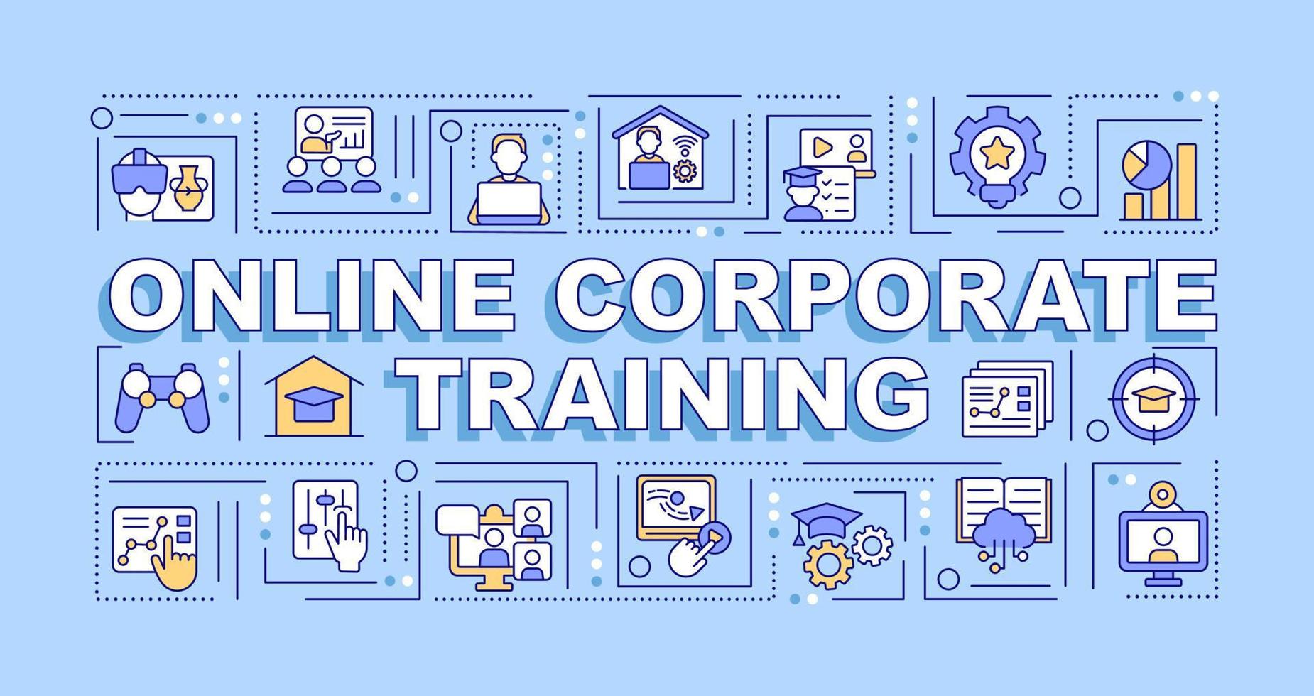 bannière bleue de concepts de mot de formation d'entreprise en ligne. l'enseignement à distance. infographie avec des icônes modifiables sur fond de couleur. typographie isolée. illustration vectorielle avec texte vecteur