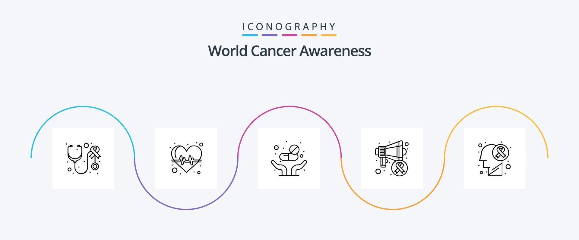 pack d'icônes de la ligne 5 de sensibilisation au cancer du monde, y compris la tumeur au cerveau. monde. Médicament. jour du cancer. conférencier vecteur