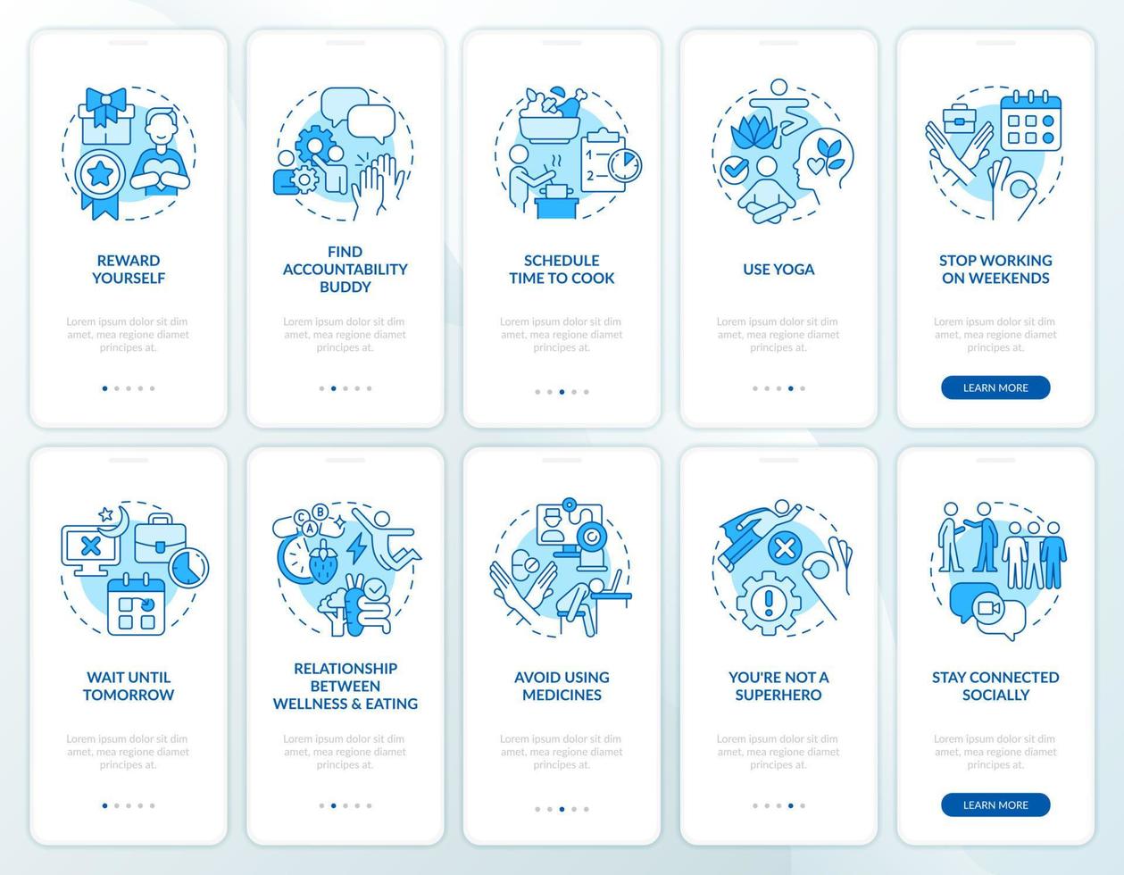 ensemble d'écrans d'application mobile d'intégration bleue pour la santé mentale des travailleurs à distance vecteur