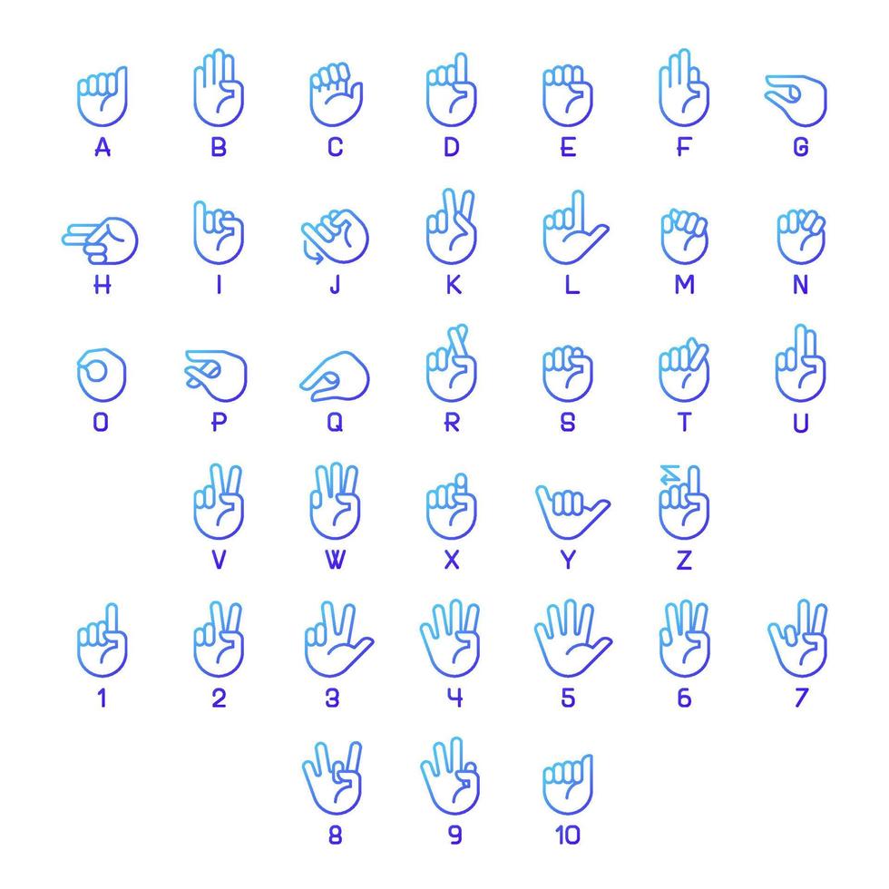 jeu d'icônes vectorielles linéaires à gradient parfait de pixel de langue des signes américaine vecteur