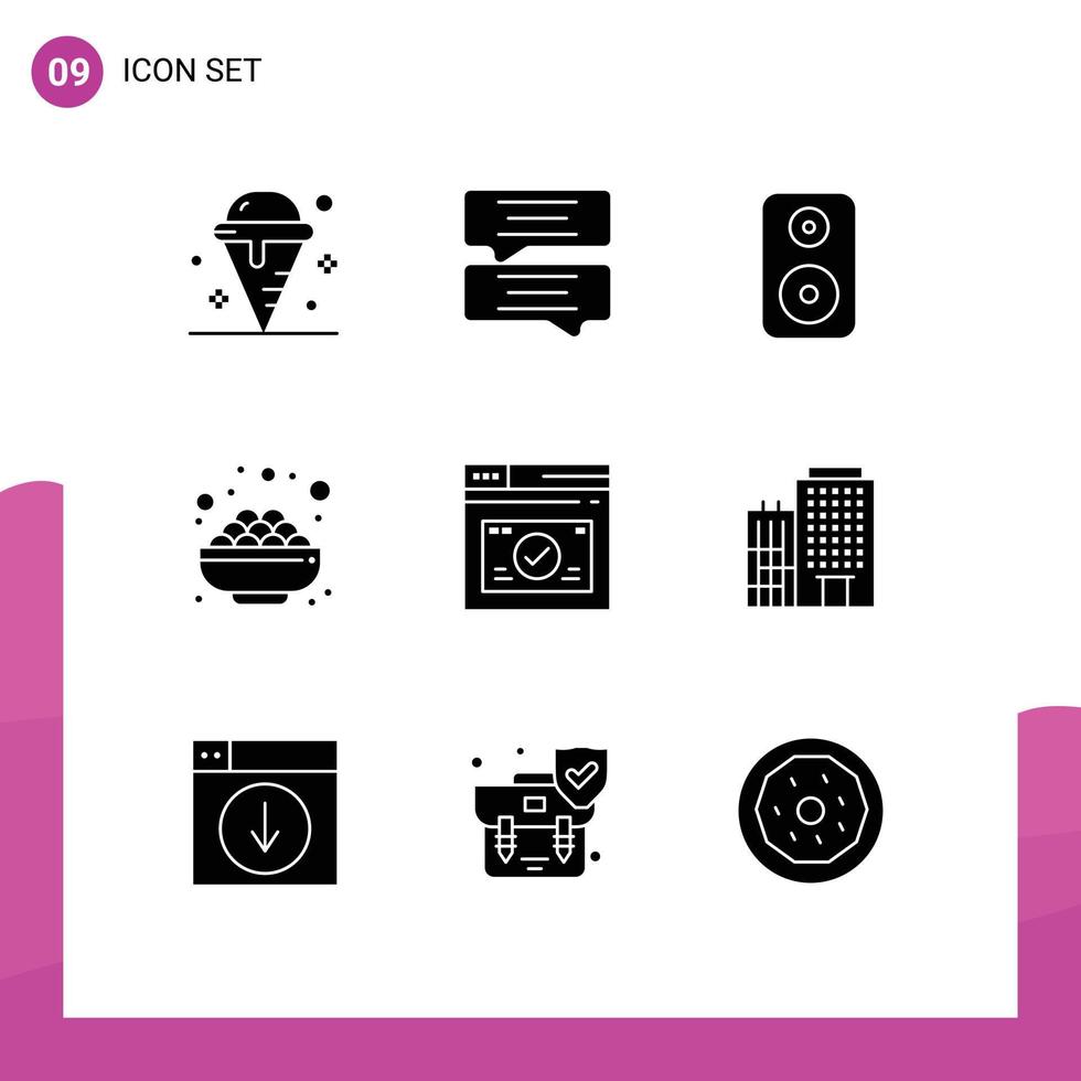 9 glyphes solides universels pour les applications web et mobiles haut-parleur de page web éléments de conception vectoriels modifiables d'épicerie sucrée vecteur