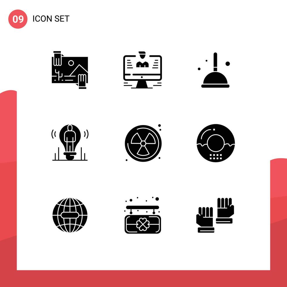 interface mobile glyphe solide ensemble de 9 pictogrammes de personne idée rapport ampoule vadrouille éléments de conception vectoriels modifiables vecteur