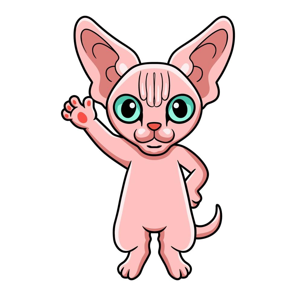 dessin animé mignon chat sphynx agitant la main vecteur