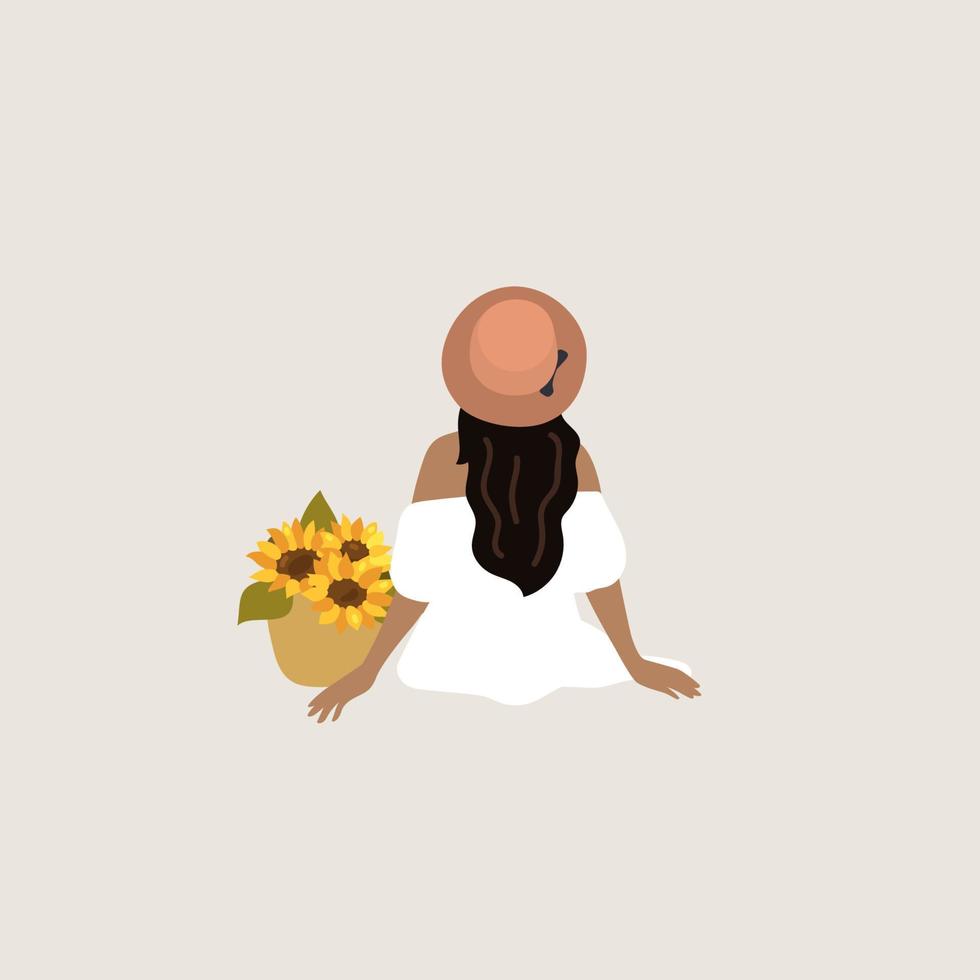 belle jeune femme. bouquet de tournesol. tenue d'été tendance. vecteur