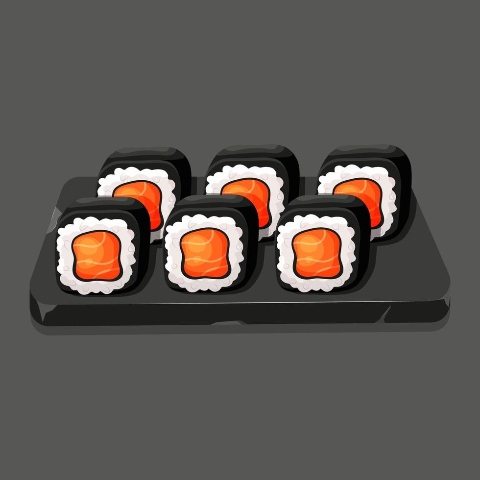 assiette cassée en pierre avec des rouleaux de sushi au nori, saumon. dessin animé de cuisine asiatique vecteur