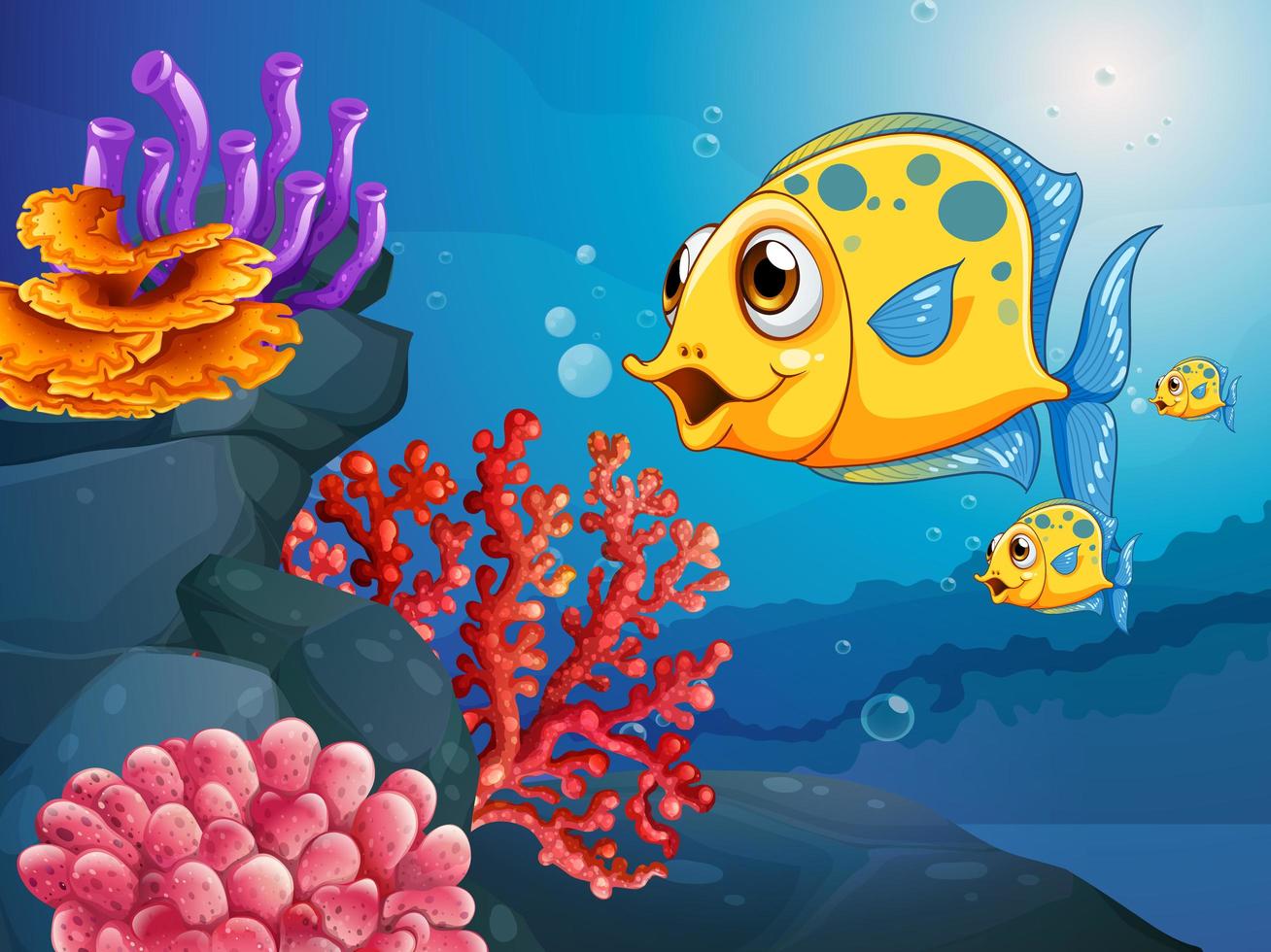 Personnage de dessin animé de nombreux poissons exotiques dans la scène sous-marine avec des coraux vecteur