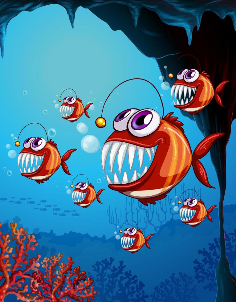 Personnage de dessin animé de poissons pêcheurs dans la scène sous-marine avec des coraux vecteur