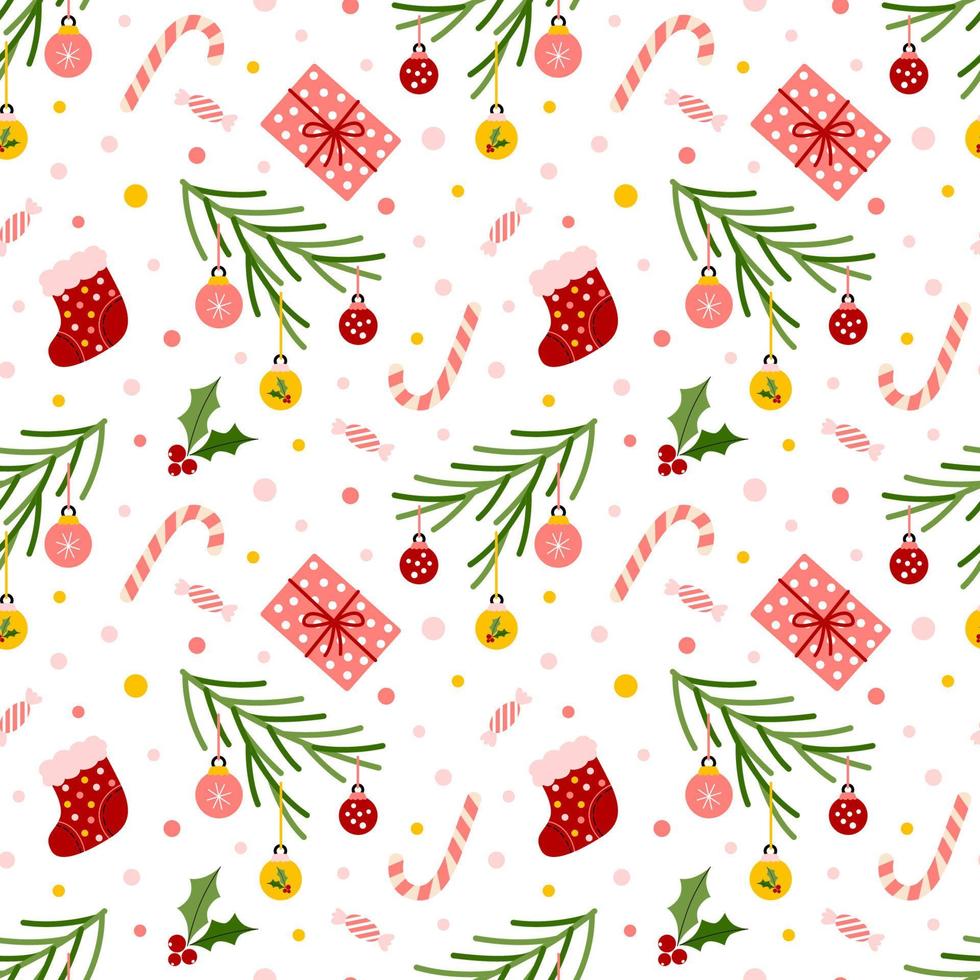 motif d'hiver avec des baies de houx, des chaussettes, des branches d'arbres de noël, des cannes de bonbon. fond vectorielle continue dessiné dans un style plat pour le textile, le papier d'emballage, la conception de scrapbooking vecteur