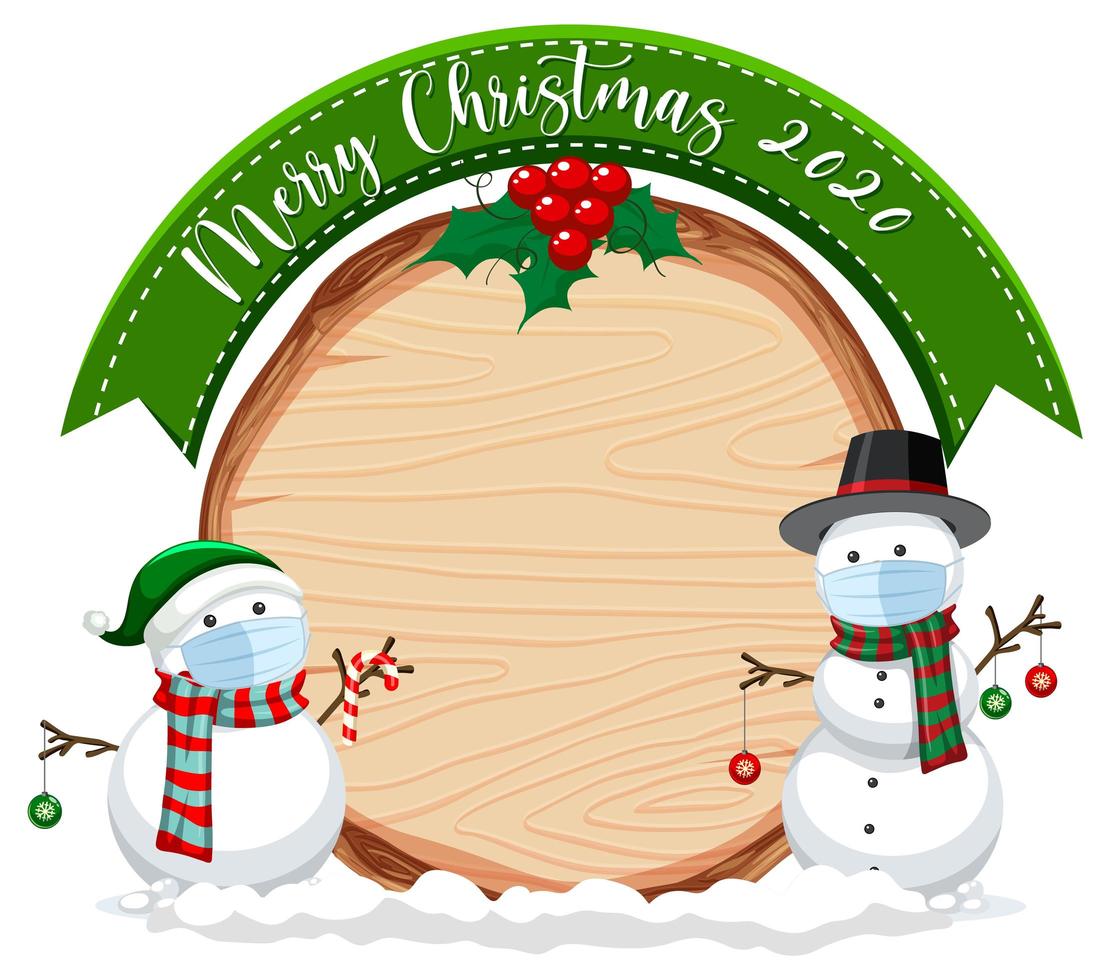 Planche de bois vierge avec logo de polices joyeux Noël 2020 et bonhomme de neige portant un masque vecteur