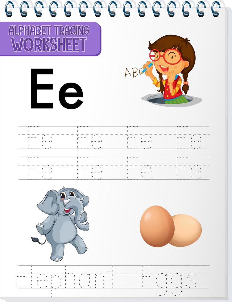 feuille de calcul de traçage alphabet avec lettre et vocabulaire vecteur