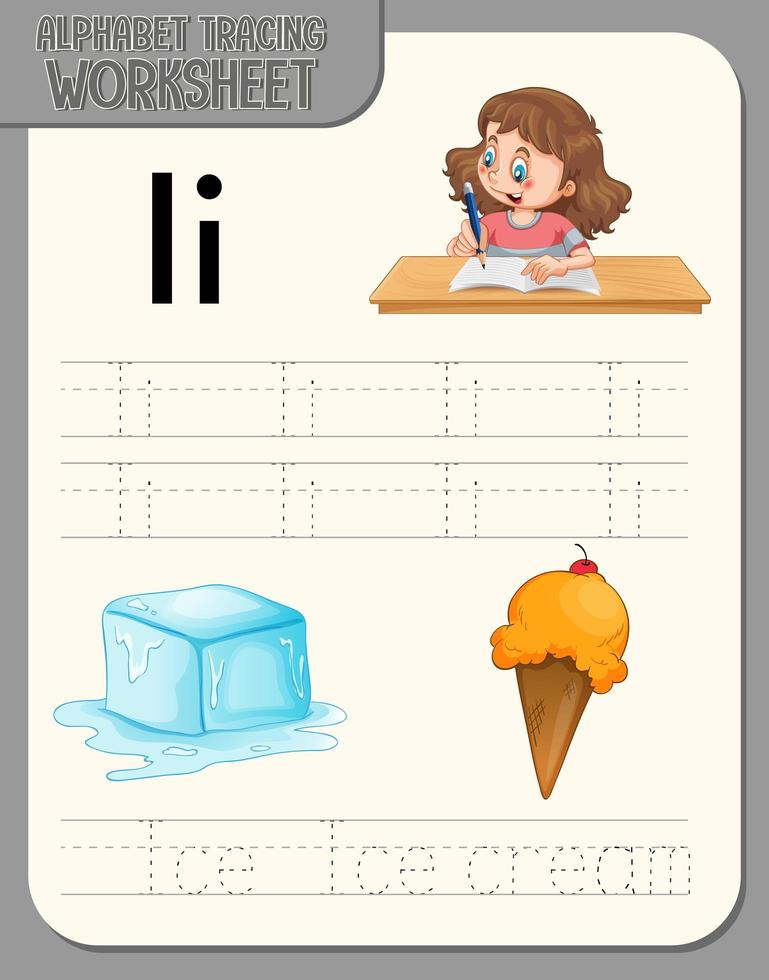 feuille de calcul de traçage alphabet avec lettre et vocabulaire vecteur