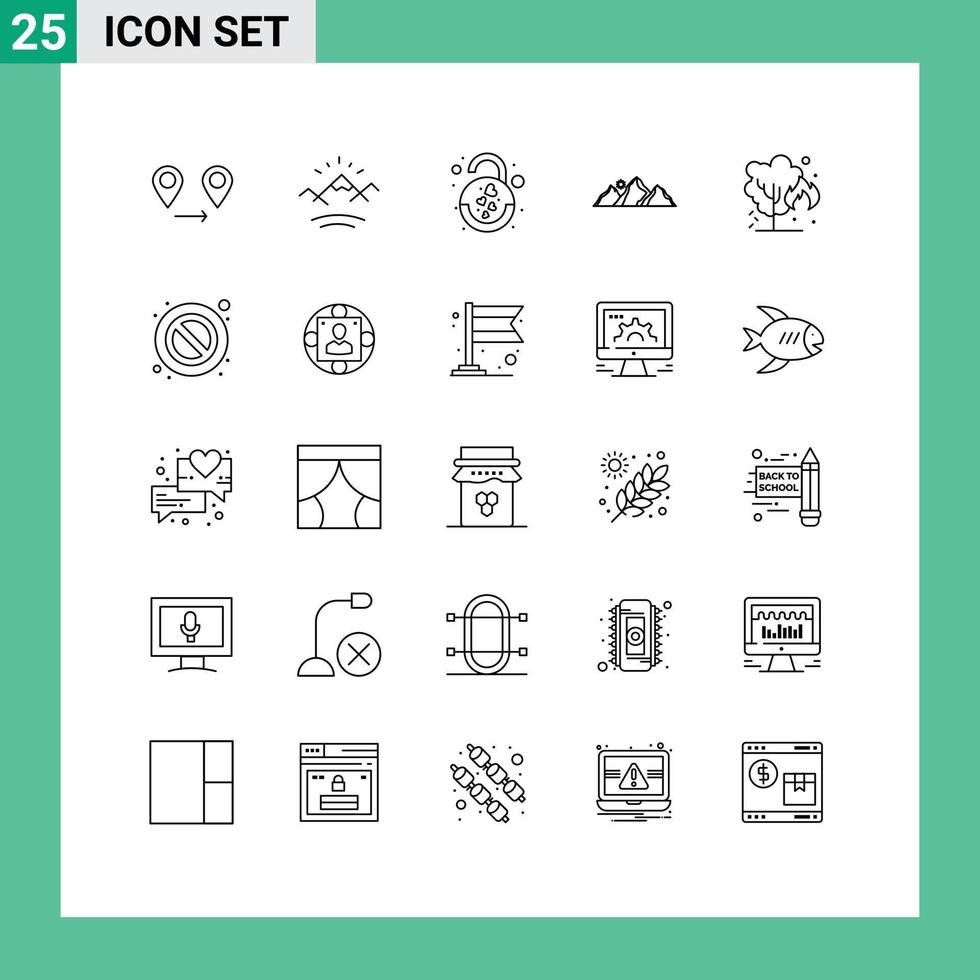 ligne d'interface mobile ensemble de 25 pictogrammes d'environnement sun lock paysage de montagne éléments de conception vectoriels modifiables vecteur