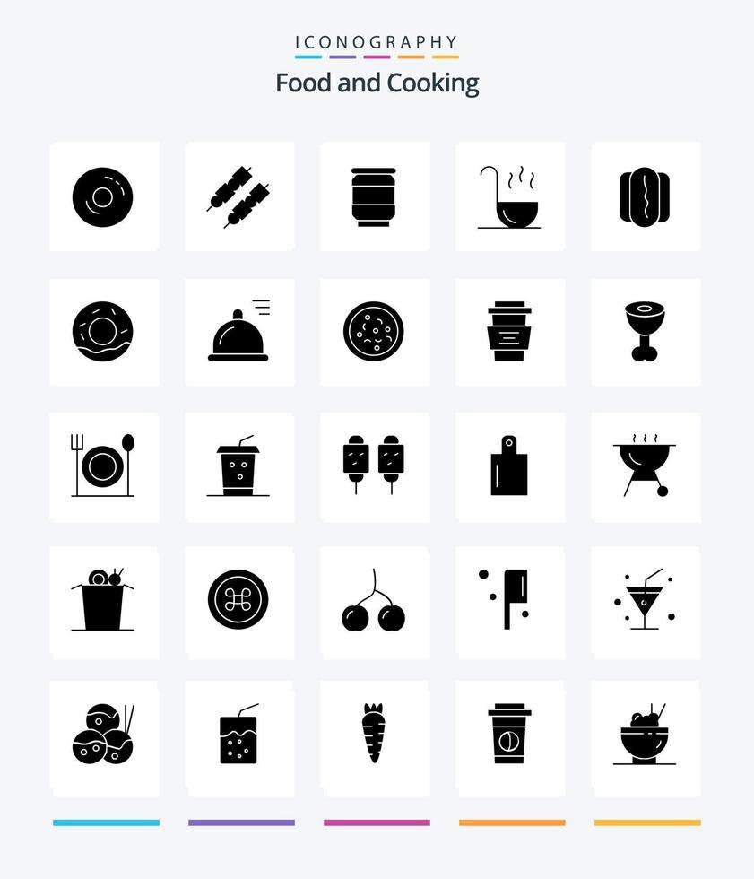 pack d'icônes noir solide de 25 glyphes de nourriture créative comme le pain. Hot-dog. Bière. aliments. louche vecteur