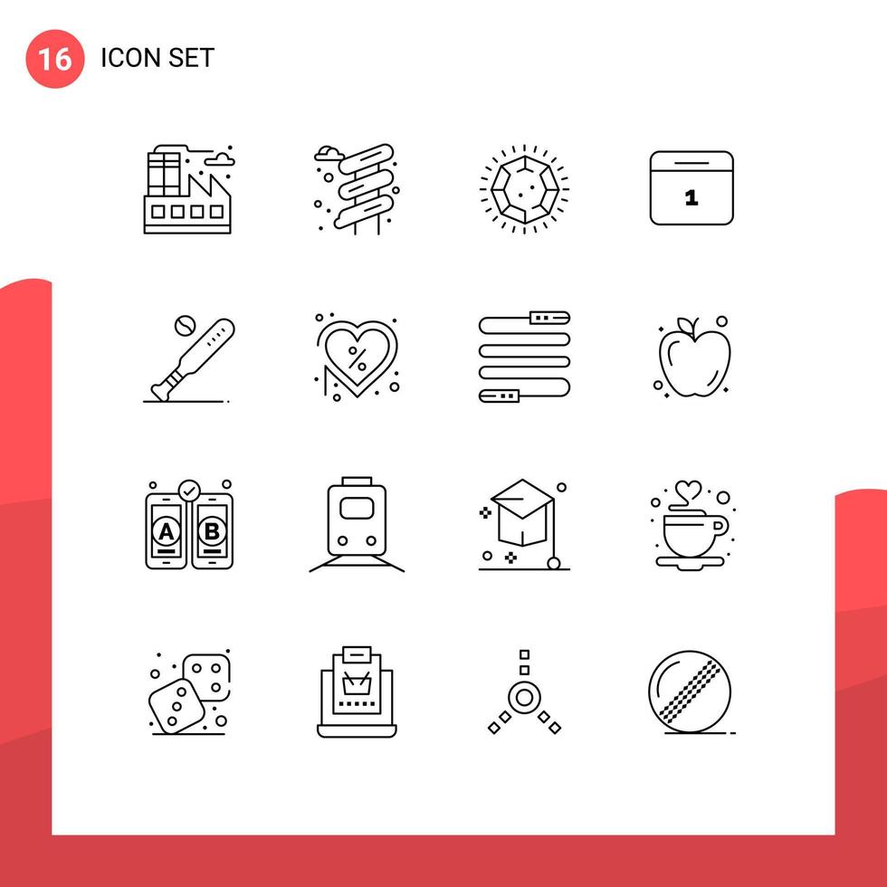 aperçu de l'interface mobile ensemble de 16 pictogrammes d'éléments de conception vectoriels modifiables du mois de balle de bijou de baseball de sport vecteur