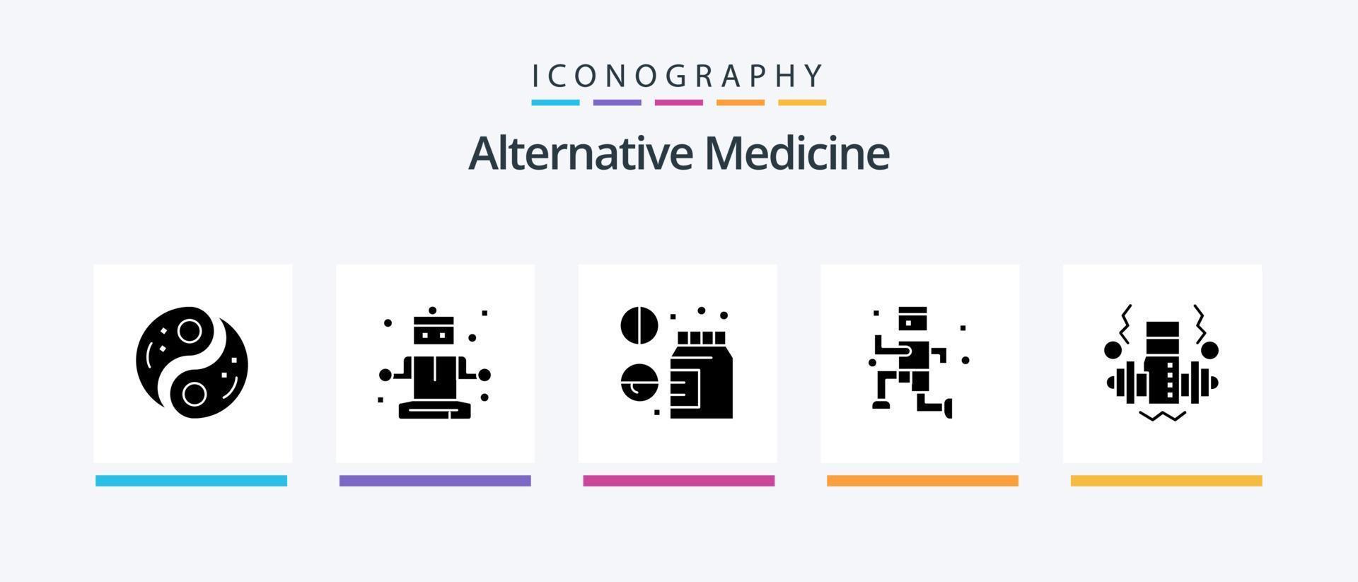 pack d'icônes de médecine alternative glyphe 5, y compris le poids. haltère. médicament. fonctionnement. exercice. conception d'icônes créatives vecteur