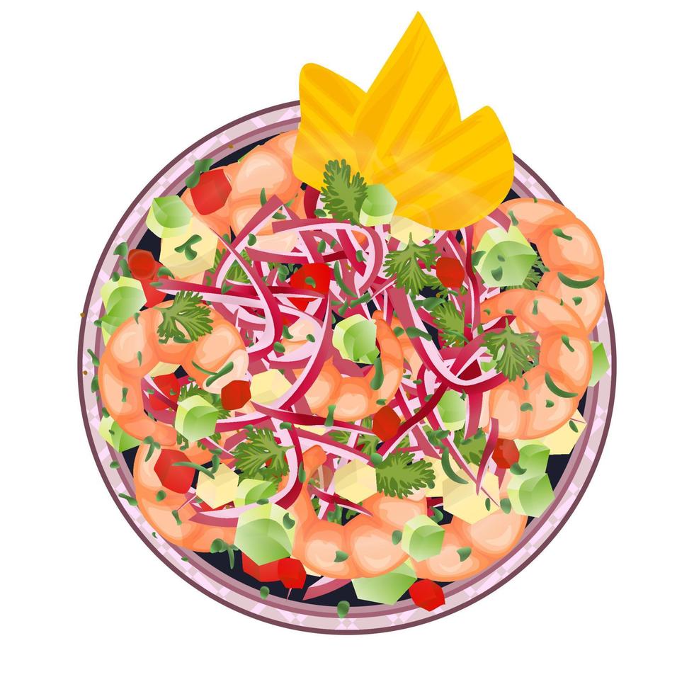 ceviche de crevettes servi sur assiette. vue de dessus de la cuisine latino-américaine. illustration de vecteur coloré isolé sur fond blanc.