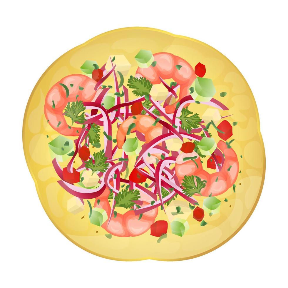 ceviche de crevettes servi sur pain plat. vue de dessus de la cuisine latino-américaine. illustration de vecteur coloré isolé sur fond blanc.