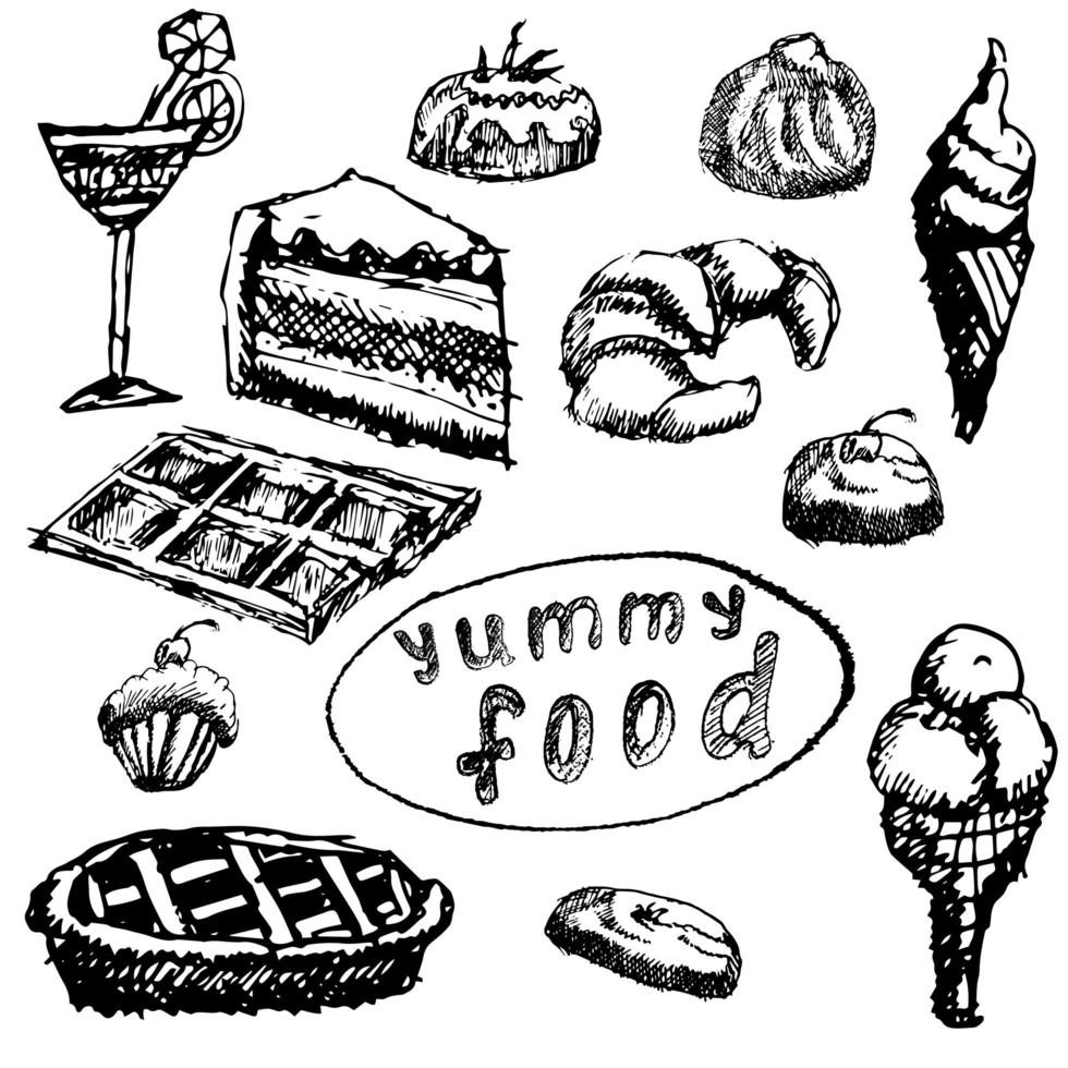 desserts alimentaires mis croquis dessinés à la main sur tableau noir vecteur