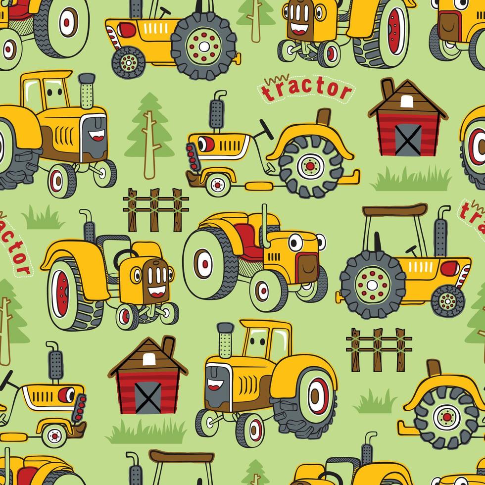 vecteur de modèle sans couture de dessin animé de tracteurs dessinés à la main, illustration d'éléments agricoles