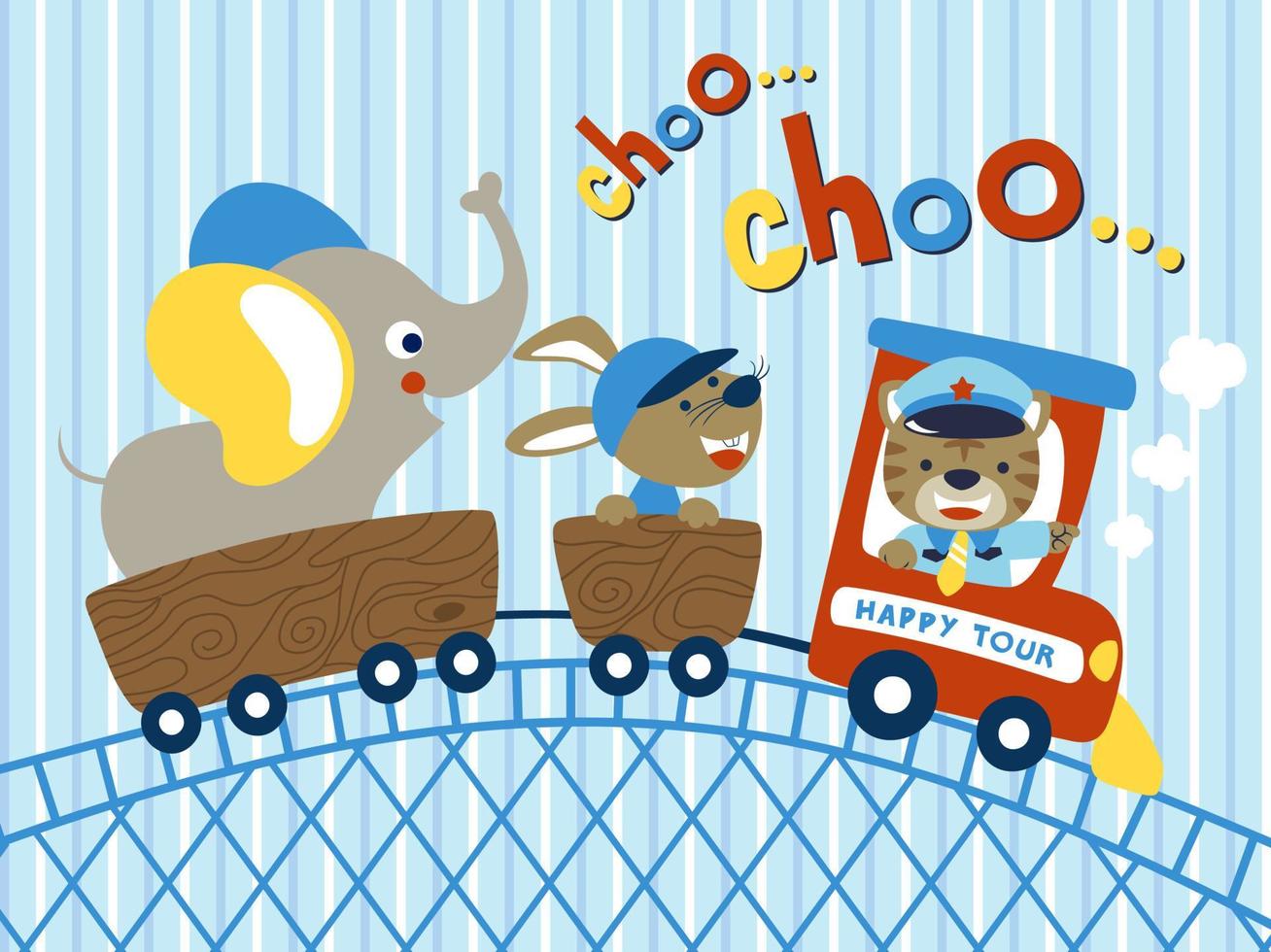 drôle de tigre conduisant un train à vapeur avec un lapin et un éléphant dans le wagon. illustration de dessin animé de vecteur